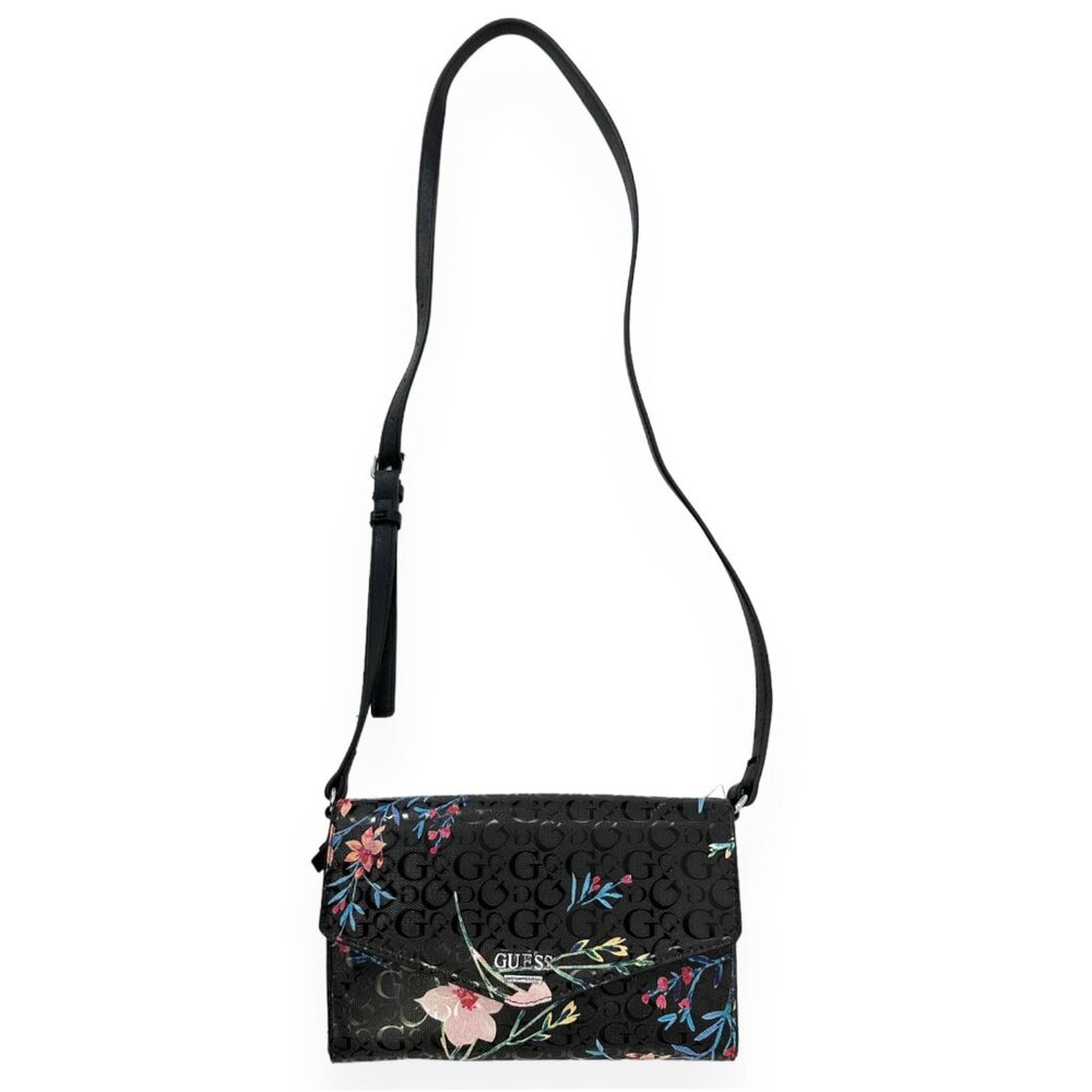 NWT GUESS Black "Kalei" Gucci Style Monogram Floral Vegan Leather Crossbody Bag